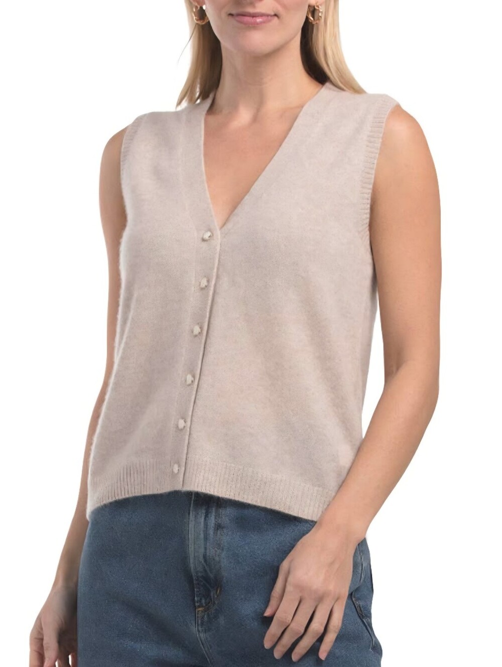 TAHARI Oatmeal 100% 2- Ply Cashmere Button Front Preppy Sweater Vest‎ Women's L